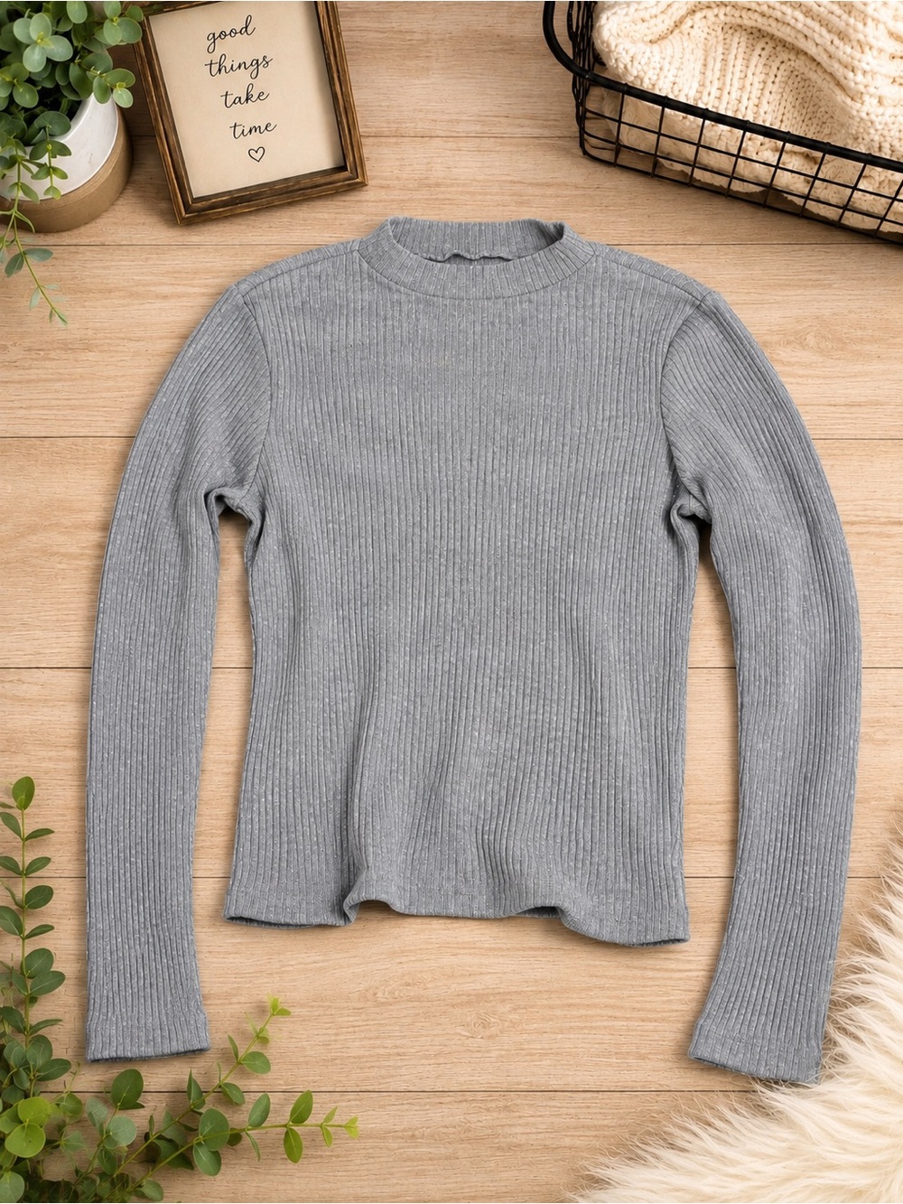 SO Gray Ribbed Mock Neck Long Sleeve Top